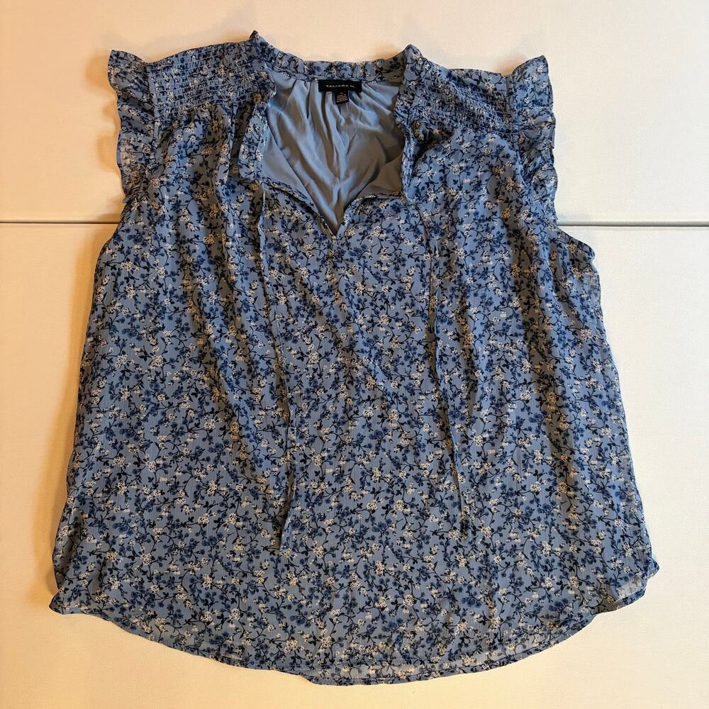 Tamara H Blue Floral Smocked Tie-Neck Ruffle Top 1X